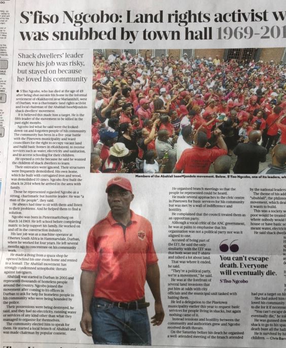 HIC statement against the persecution and assassination of Abahlali baseMjondolo members, grassroots movement in South Africa