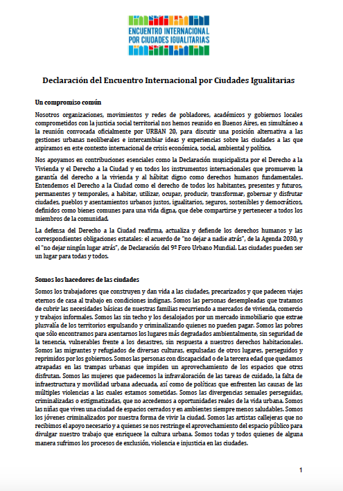 Declaración del Encuentro Internacional por Ciudades Igualitarias