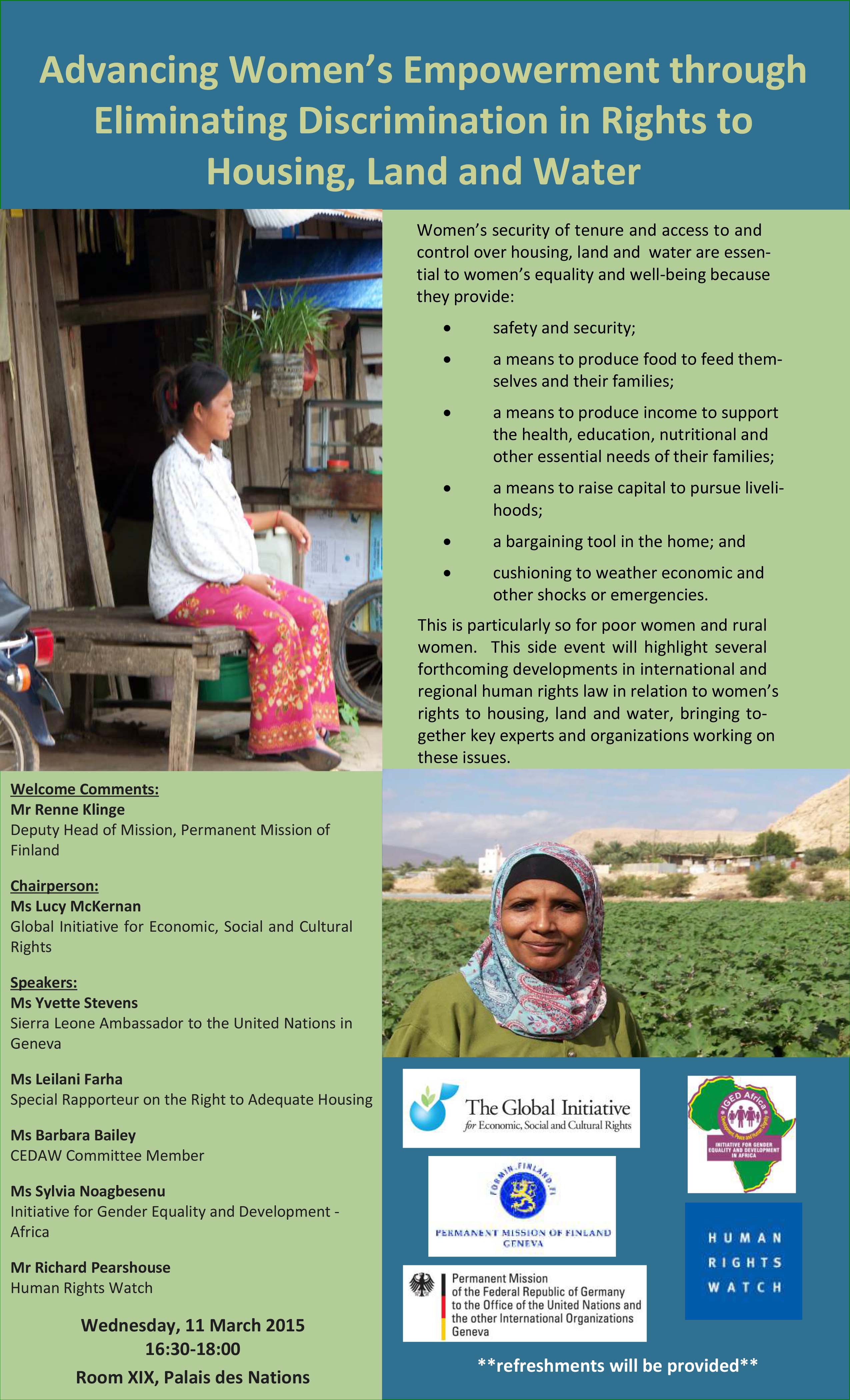 Side event: Advancing Women’s Empowerment through Eliminating Discrimination in Rights to Housing, Land and Water