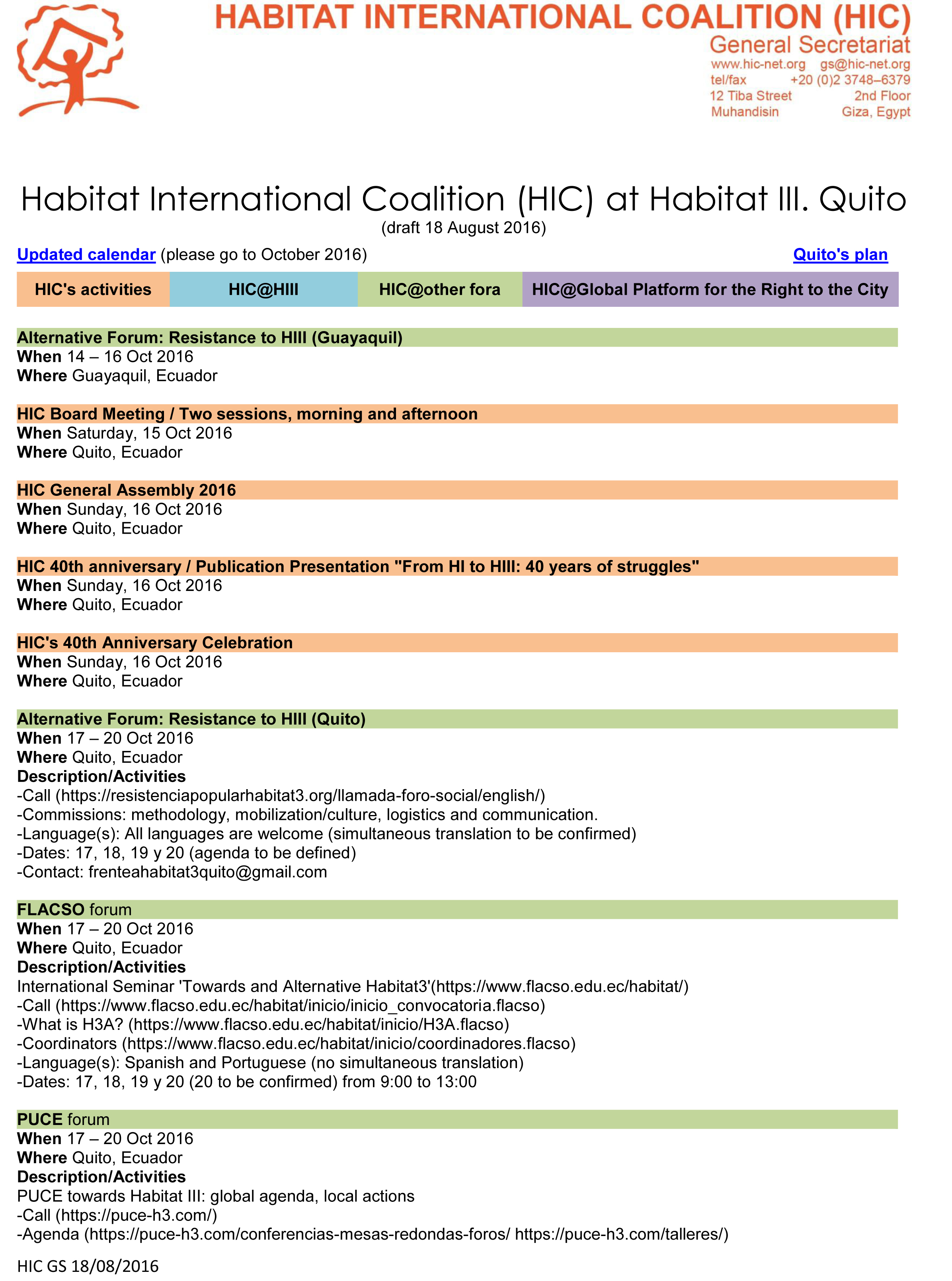 First draft of HIC agenda during Habitat III