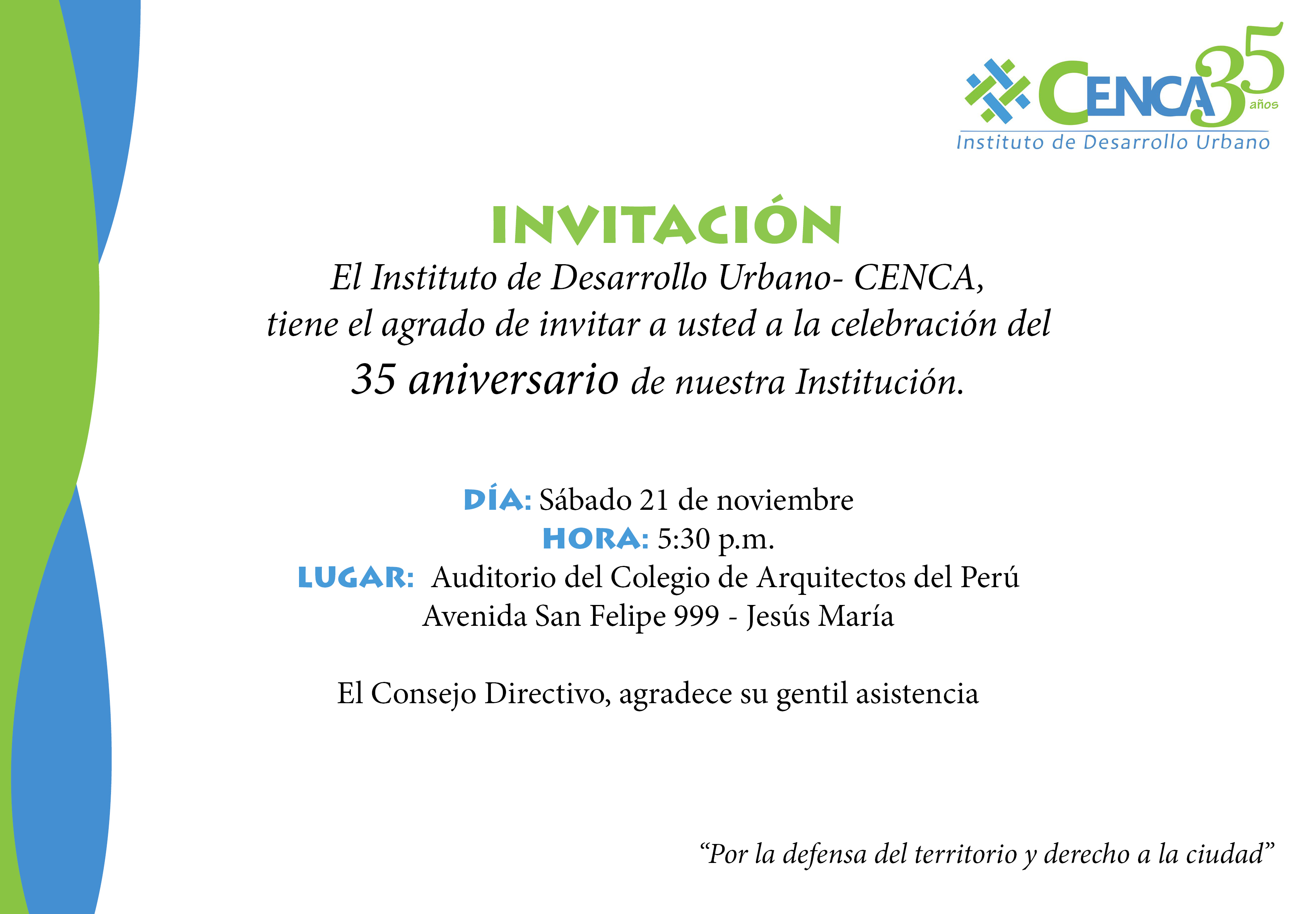 Perú. 35 Aniversario del Instituto de Desarrollo Urbano- CENCA