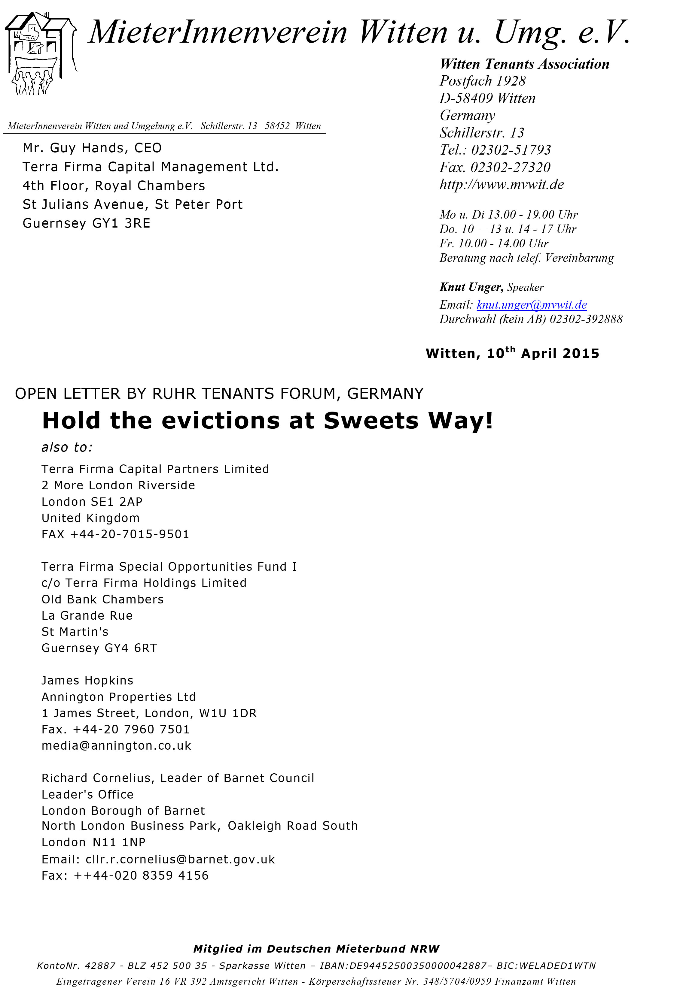 Hold the evictions at Sweets Way!