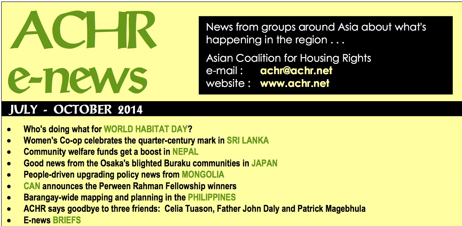 Asian Coalition for Housing Rights E-News for July to October 2014