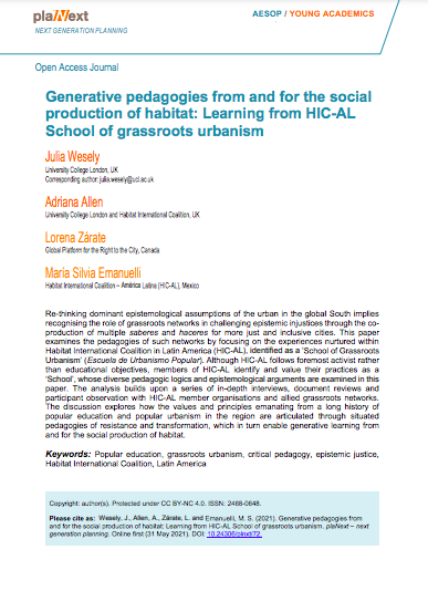 Pédagogies génératives de et pour la production sociale de l’habitat : Apprendre de l’école d’urbanisme de base HIC-AL