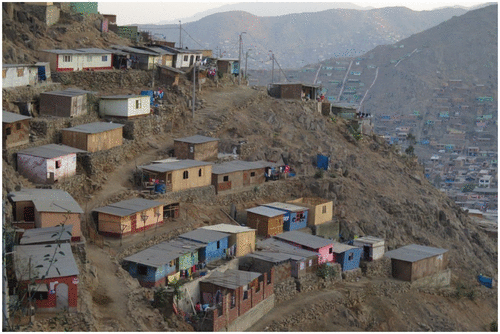 Panoramic view of the different waves of settlements occupying the slopes in JCM.  Source: Photo by the author.