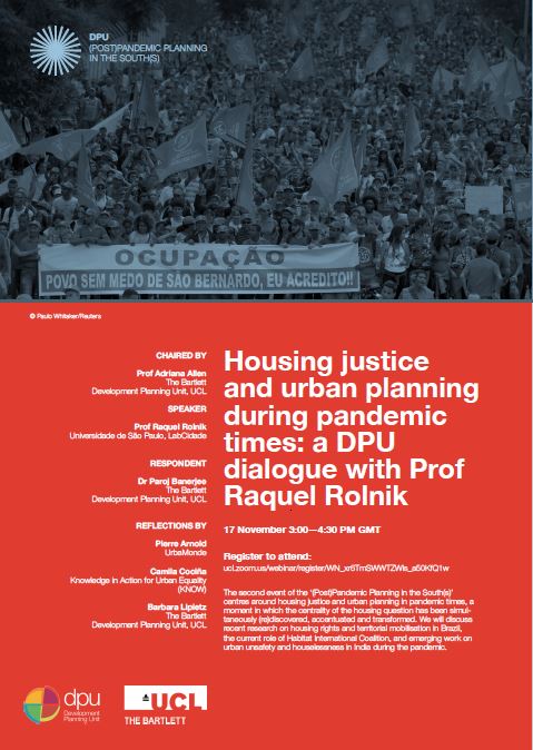 Adriana Allen in conversation with Raquel Rolnik: Housing justice and urban planning during pandemic times