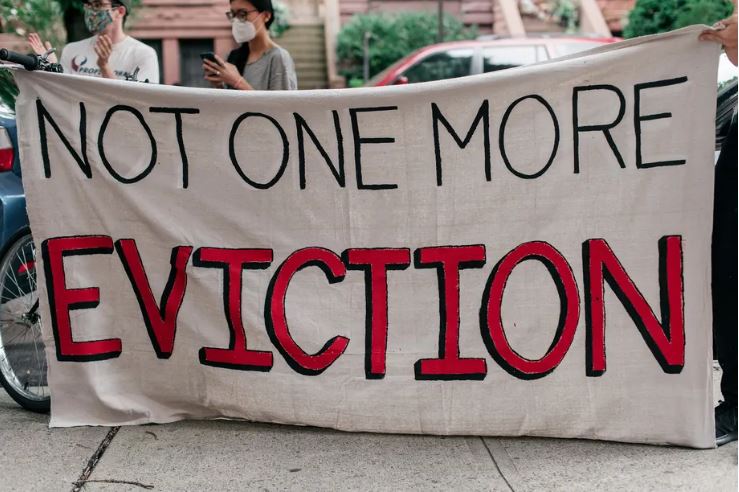 Housing activists gathered in Crown heights to protest alleged tenant harassment and call on the state to cancel rent. Scott Heins/Getty Images