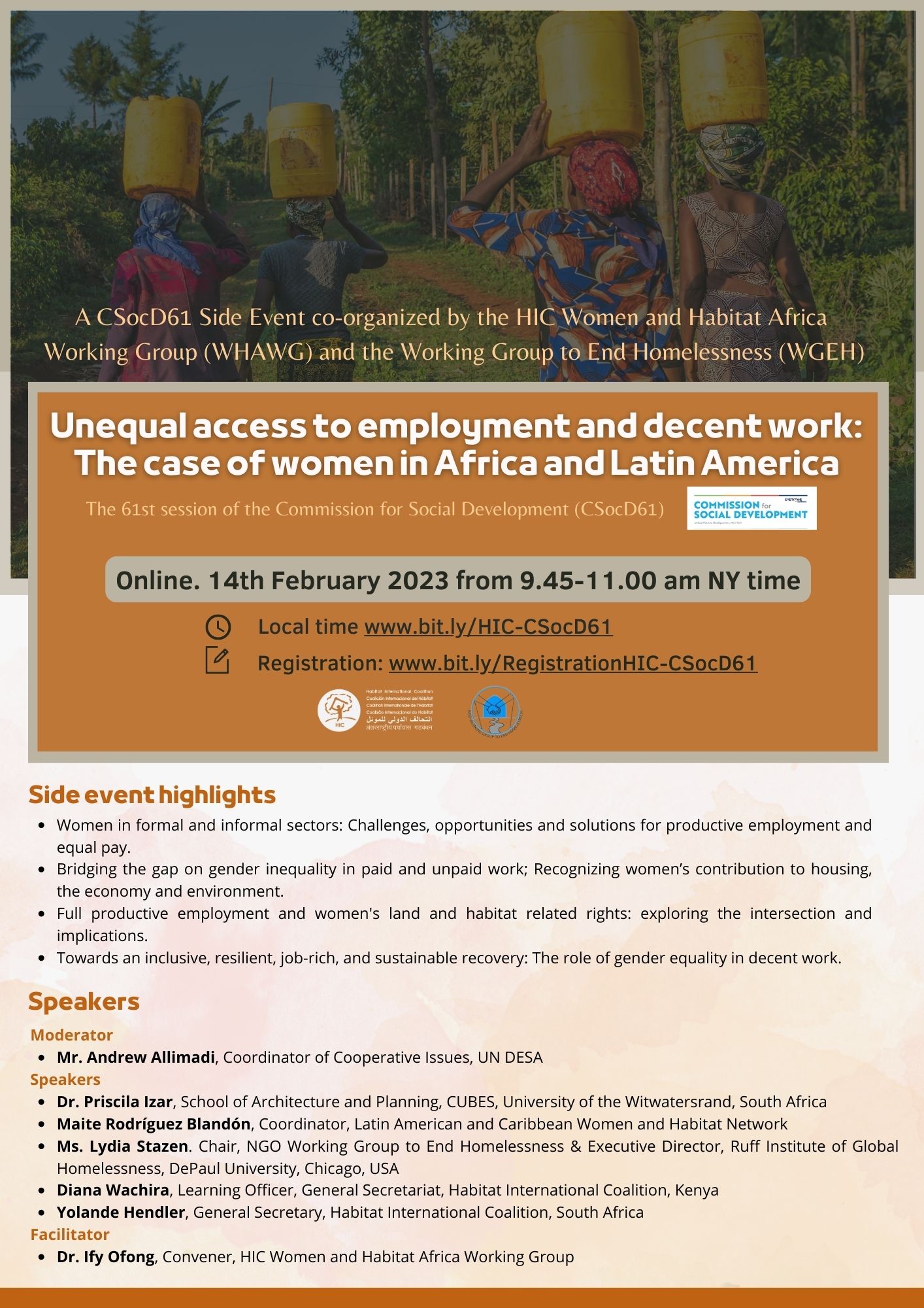 Evento paralelo de HIC en la Comisión de Desarrollo Social (CSocD61): ‘Acceso desigual al empleo y al trabajo decente: El caso de las mujeres en África y América Latina”.