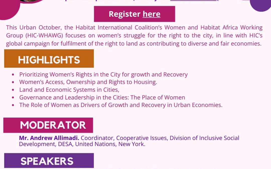 HIC Women and Habitat Africa Working Group (WHAWG) World Habitat Day online webinar : ‘Women’s Struggle for Access and Right to the Cities”