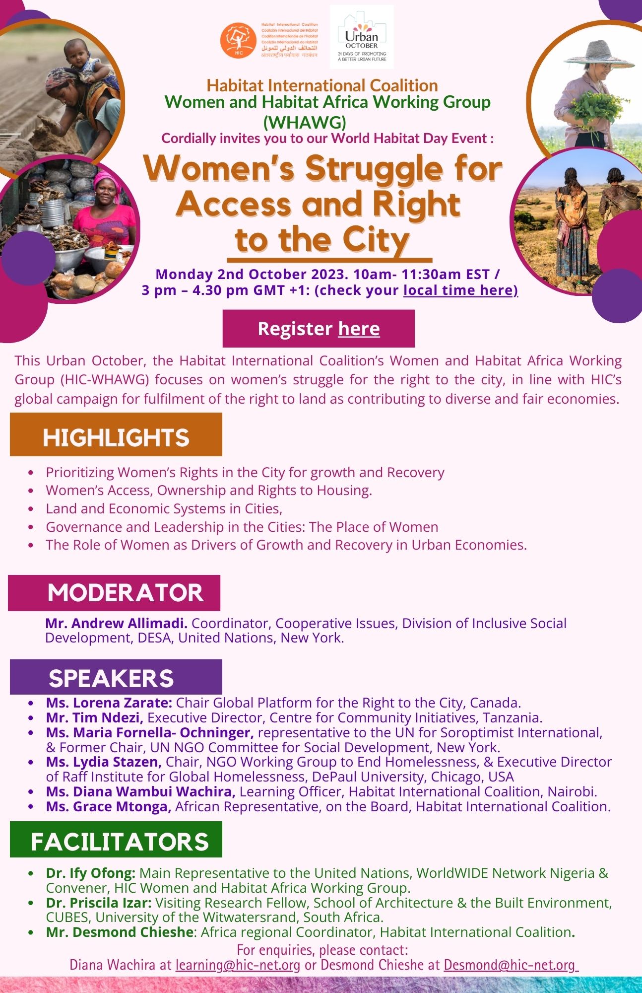 HIC Women and Habitat Africa Working Group (WHAWG) World Habitat Day online webinar : ‘Women’s Struggle for Access and Right to the Cities”