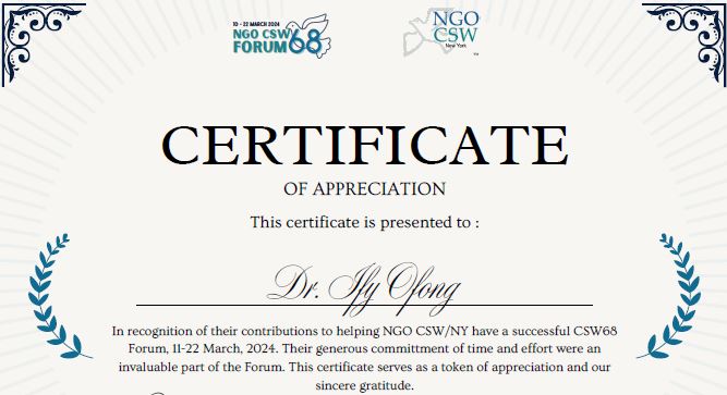 Reconocimiento a la Dra. Ify Ofong por el Comité de ONG sobre la Condición Jurídica y Social de la Mujer, NY